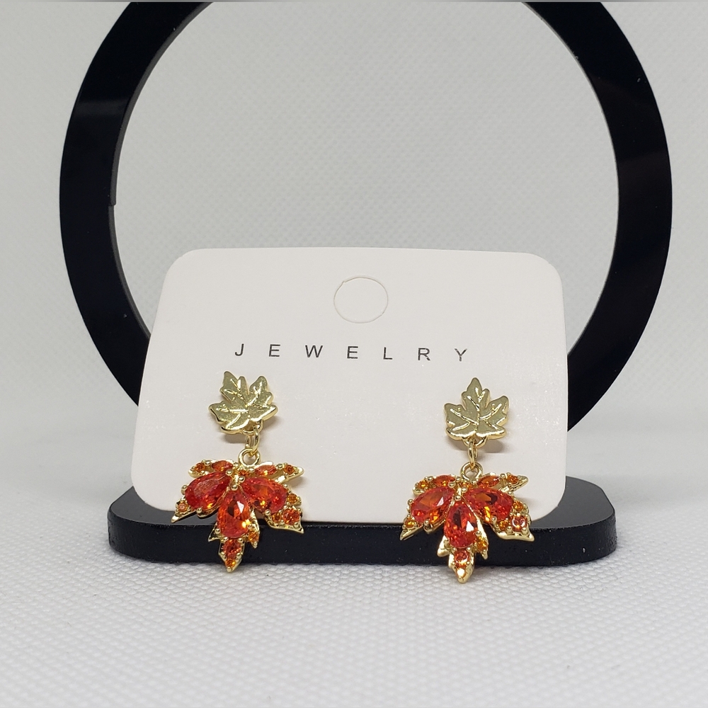 One Pair Gold Leaf Dangle Earrings with Orange Crystal Leaves